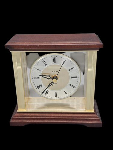 Bulova Ambiance Desk Mantle Clock W Metal Columns B7651-Wood & Gold Tone